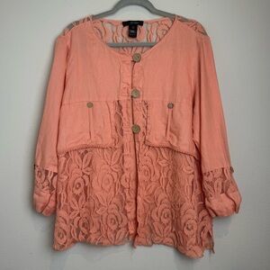 Ali Miles 100% Linen Lace 3/4 Sleeve Lightweight Jacket Topper Peach Size Large